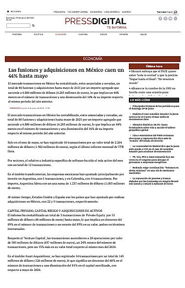 Las fusiones y adquisiciones en Mxico caen un 44% hasta mayo